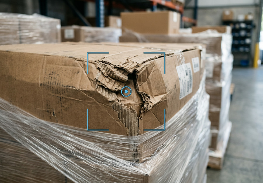 A torn carton corner flagged on a shrink-wrapped pallet